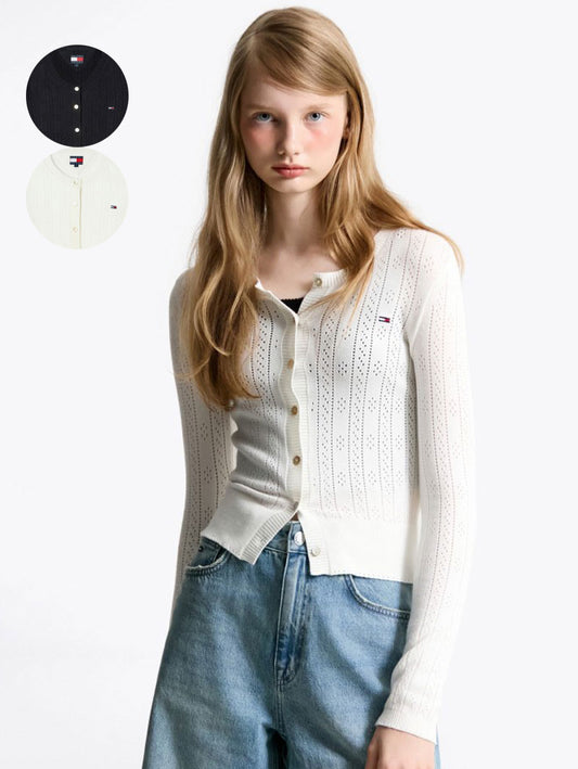 女款【WE ARE】韓國TOMMY JEANS 小標貝殼扣薄針織衫 T32F6KCD12TWT1