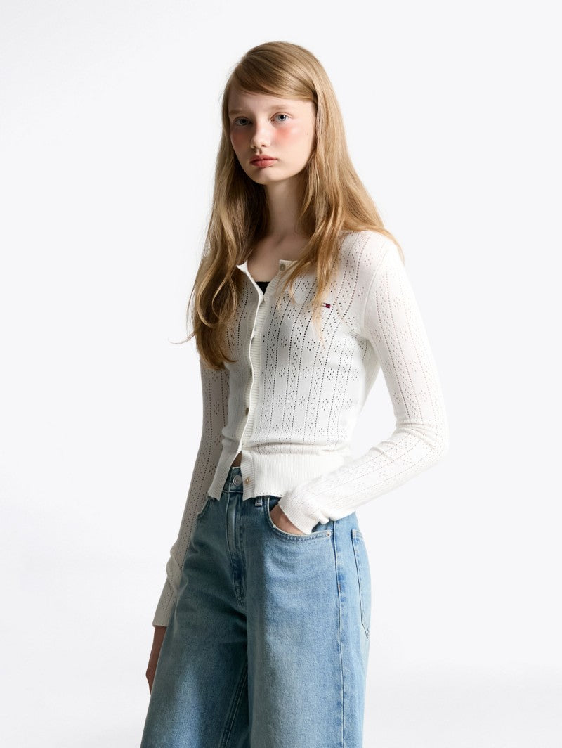 女款【WE ARE】韓國TOMMY JEANS 小標貝殼扣薄針織衫 T32F6KCD12TWT1