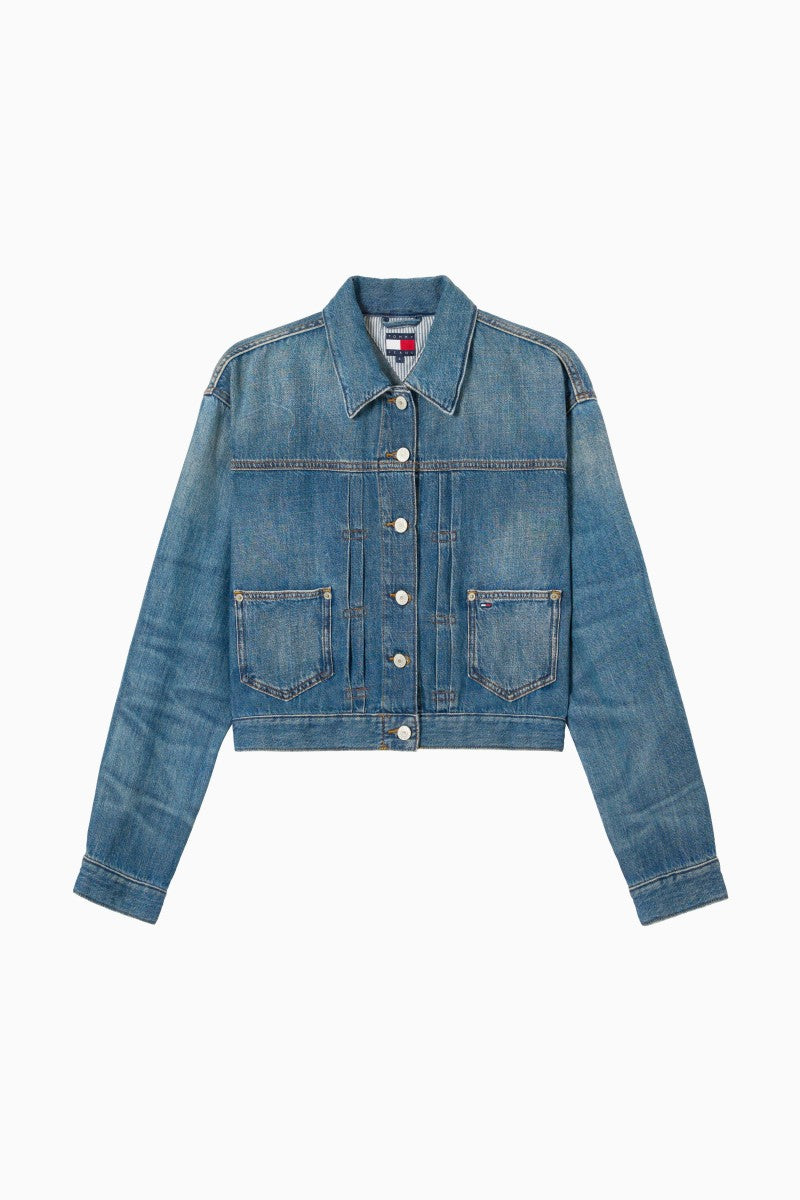 女款【WE ARE】韓國TOMMY JEANS 短版背面刺繡刷舊牛仔外套  T32F6NJC12TWT1