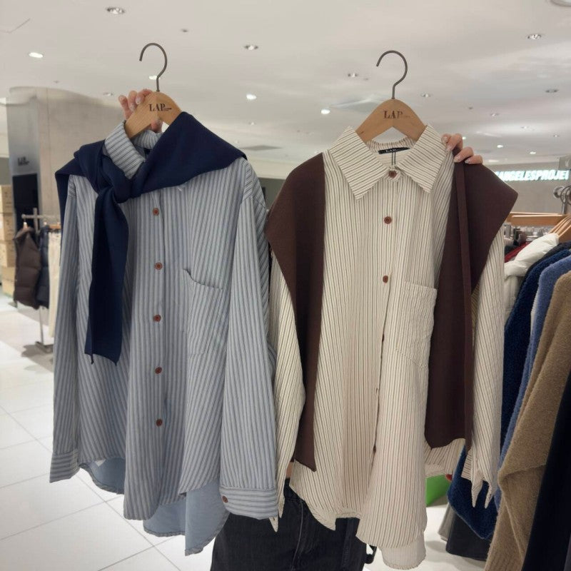 【WE ARE】韓國LAP 條紋襯衫附披肩（可拆） AS1WB140