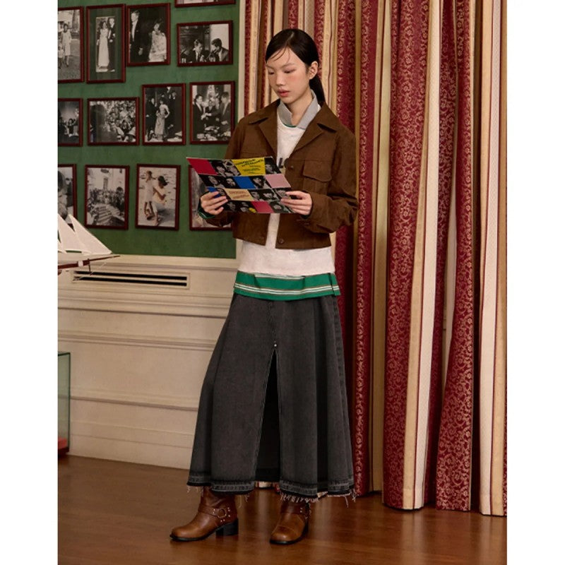 【WE ARE】韓國LAP 前開衩抽鬚傘擺牛仔裙  AQ4DSA61