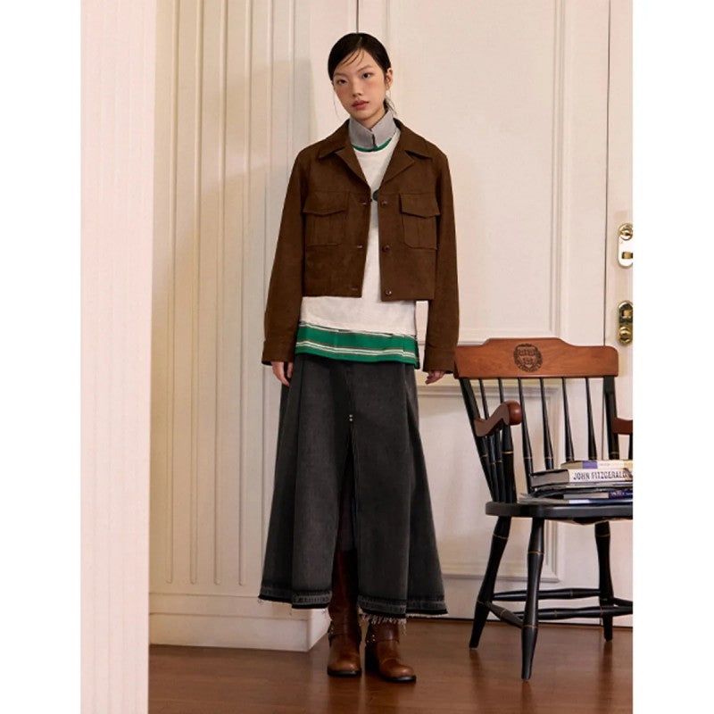 【WE ARE】韓國LAP 前開衩抽鬚傘擺牛仔裙  AQ4DSA61