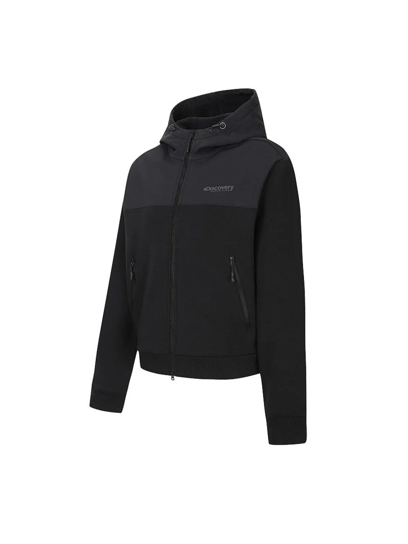 女款【WE ARE】韓國Discovery 異材質接拼連帽雙拉鏈刷毛棉外套DWTR93056