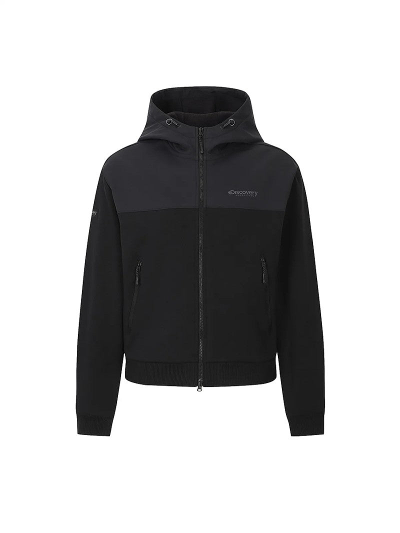 女款【WE ARE】韓國Discovery 異材質接拼連帽雙拉鏈刷毛棉外套DWTR93056