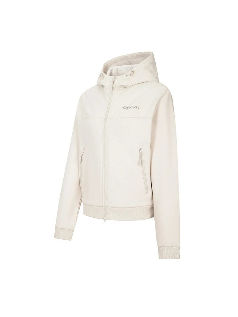 女款【WE ARE】韓國Discovery 異材質接拼連帽雙拉鏈刷毛棉外套DWTR93056
