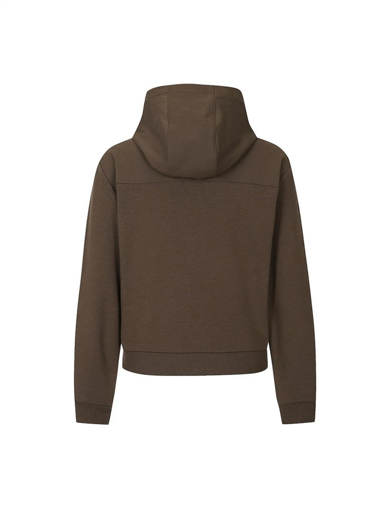 女款【WE ARE】韓國Discovery 異材質接拼連帽雙拉鏈刷毛棉外套DWTR93056