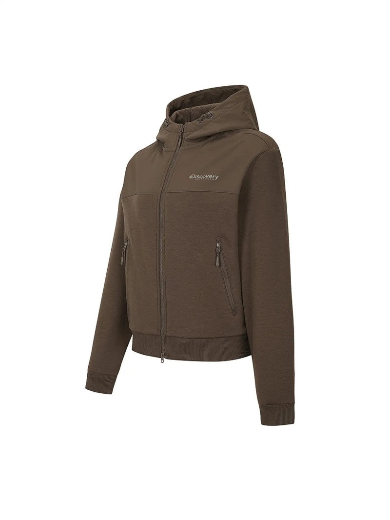 女款【WE ARE】韓國Discovery 異材質接拼連帽雙拉鏈刷毛棉外套DWTR93056