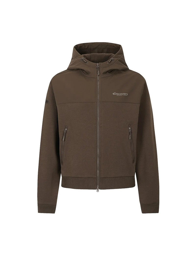 女款【WE ARE】韓國Discovery 異材質接拼連帽雙拉鏈刷毛棉外套DWTR93056