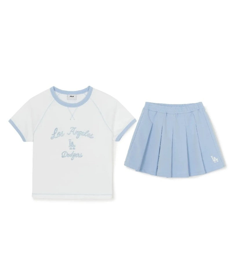 女童【WE ARE】韓國MLB KIDS滾邊撞色短袖+短褲裙套裝7FS1A0363