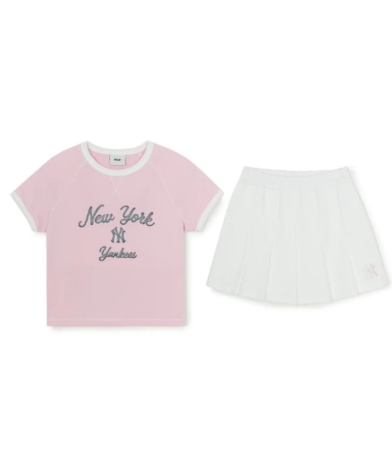 女童【WE ARE】韓國MLB KIDS滾邊撞色短袖+短褲裙套裝7FS1A0363