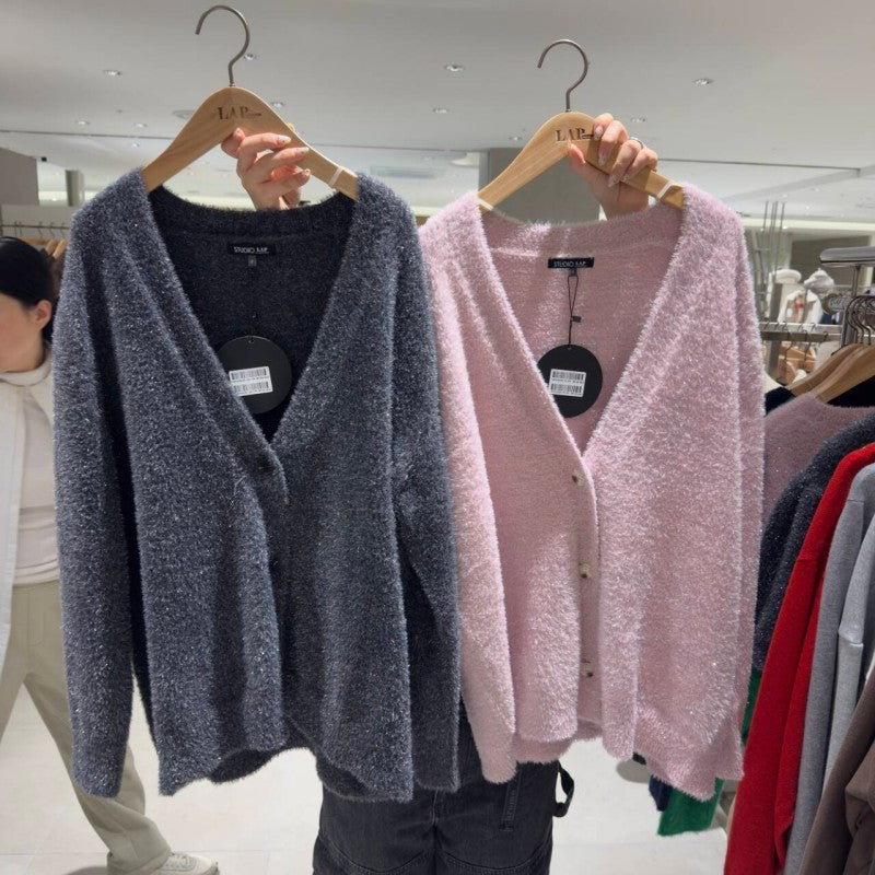 【WE ARE】韓國LAP 微金蔥V領寬鬆寬鬆針織衫AR4KGA66