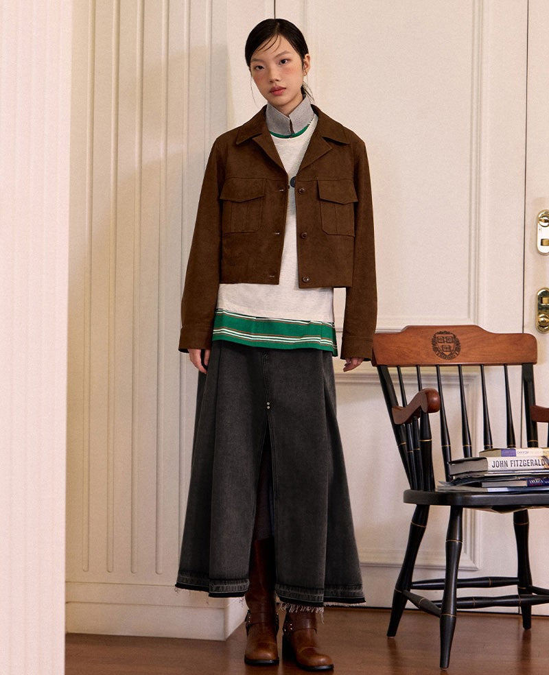 【WE ARE】韓國LAP 前開衩抽鬚傘擺牛仔裙  AQ4DSA61