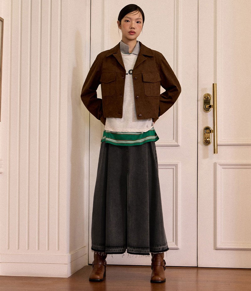 【WE ARE】韓國LAP 前開衩抽鬚傘擺牛仔裙  AQ4DSA61